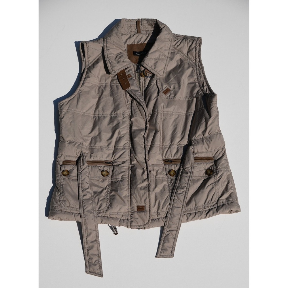 Massimo Dutti Women's Quilted Vest Small Beige Taupe Belted Zip Button Pockets